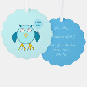 Cute Blue Baby Boy Owl Baby Custom Ornament Card