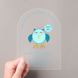 Cute Blue Baby Boy Owl Custom Baby Shower Acrylic Acrylic Invitations