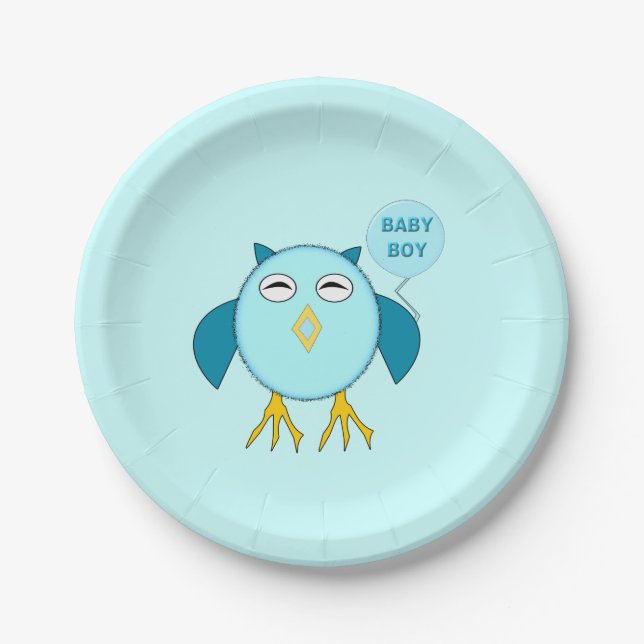 Cute Blue Baby Boy Owl Paper Party Plates (Front)