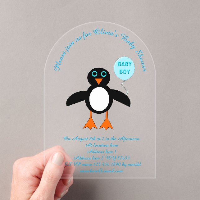 Cute Blue Baby Boy Penguin Custom Baby Shower Acrylic Invitations (Insitu (Handheld))