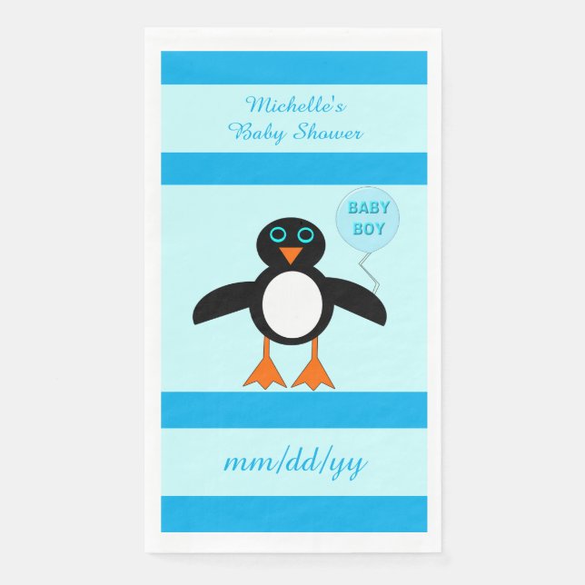 Cute Blue Baby Boy Penguin Custom Baby Shower Napkin (Front)