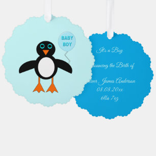 Cute Blue Baby Boy Penguin Custom Ornament Card