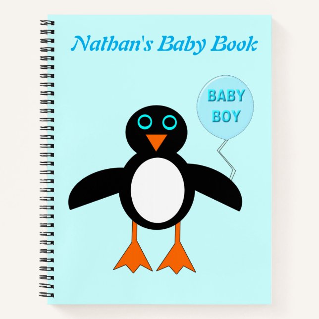Cute Blue Baby Boy Penguin Custom Spiral Notebook (Front)