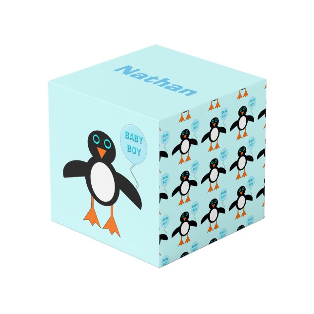 Cute Blue Baby Boy Penguin Personalized Cube (Front Angled)