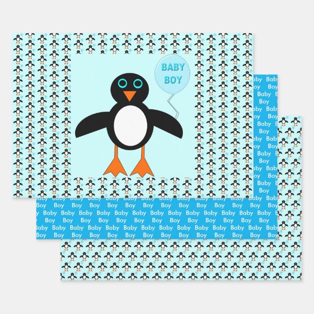 Cute Blue Baby Boy Penguin Wrapping Paper Sheet (Set)