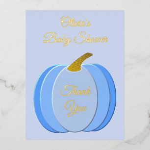Cute Blue Baby Boy Pumpkin Baby Shower Custom Foil Holiday Postcard