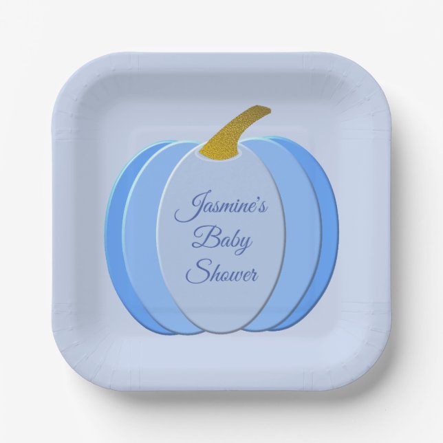 Cute Blue Baby Boy Pumpkin Custom Baby Shower Paper Plate (Front)