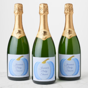 Cute Blue Baby Boy Pumpkin Custom Baby Shower Sparkling Wine Label