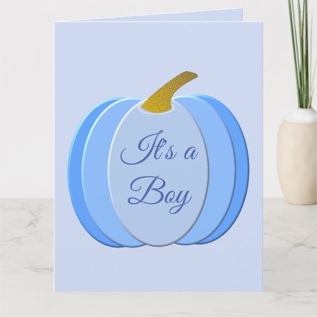 Cute Blue Baby Boy Pumpkin Gender Reveal Custom Card (Front)