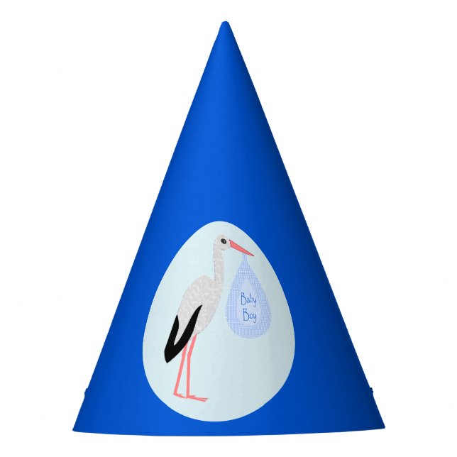 Cute Blue Baby Boy Stork Baby Shower Party Hat (Front)