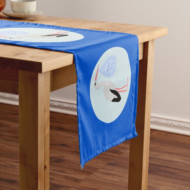 Cute Blue Baby Boy Stork Baby Shower Short Table Runner (In Situ)