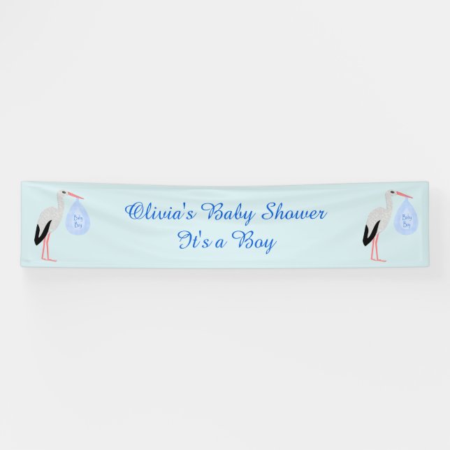 Cute Blue Baby Boy Stork Custom Baby Shower Banner (Horizontal)