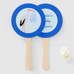 Cute Blue Baby Boy Stork Custom Baby Shower Hand Fan