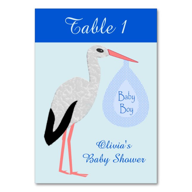 Cute Blue Baby Boy Stork Custom Baby Shower Table Number (Front)