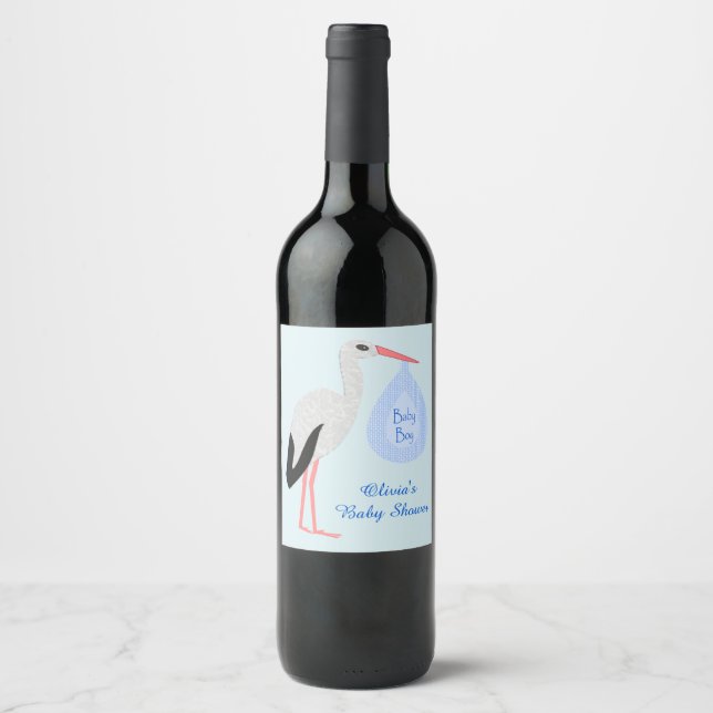 Cute Blue Baby Boy Stork Custom Baby Shower Wine Label (Front)