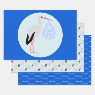 Cute Blue Baby Boy Stork Custom Wrapping Paper Sheet