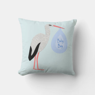 Cute Blue Baby Boy Stork Throw Pillow