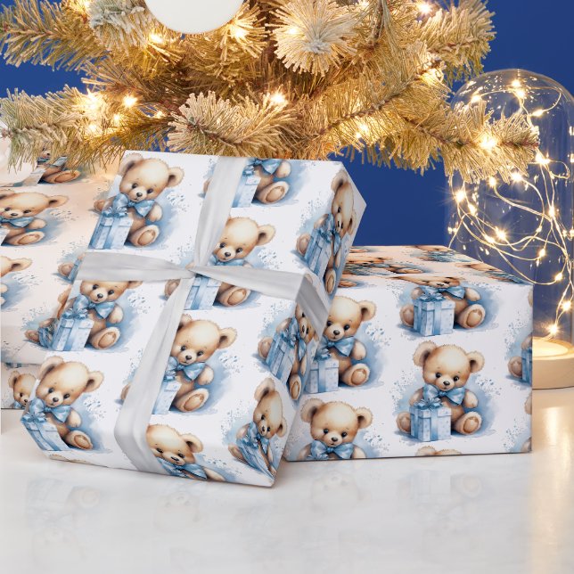 Cute Blue Baby Boy Teddy Bear  Wrapping Paper (Holidays)