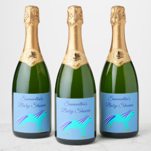 Cute Blue Baby Boy Unicorn Baby Shower Custom Cham Sparkling Wine Label