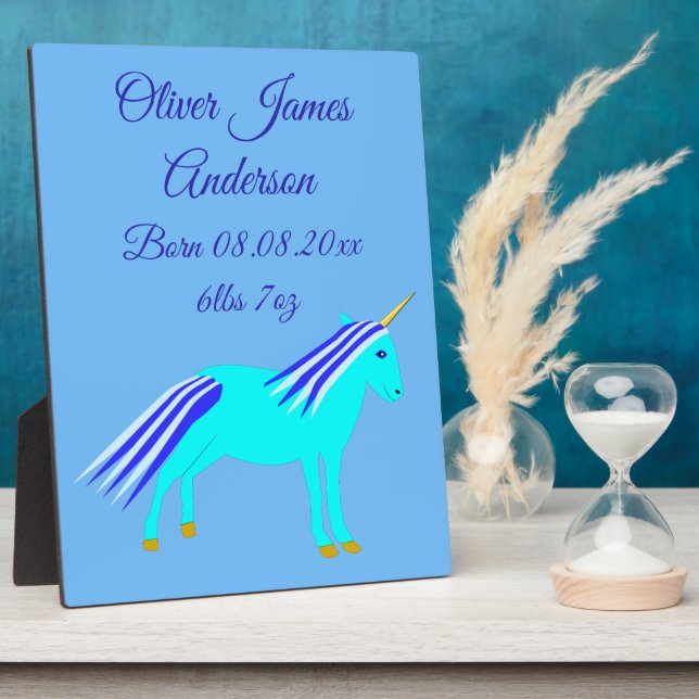 Cute Blue Baby Boy Unicorn Birth Announcement Plaque (Side)