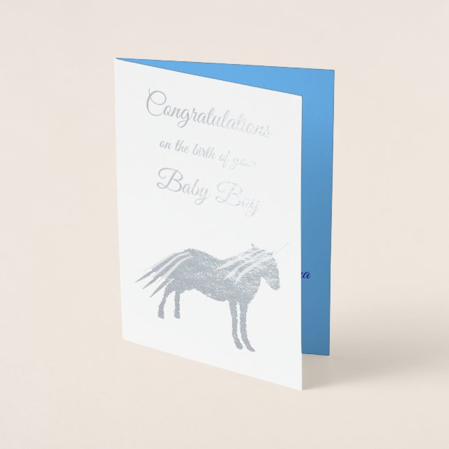 Cute Blue Baby Boy Unicorn Congratulations Card (Front)