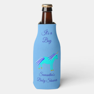 Cute Blue Baby Boy Unicorn Custom Baby Shower Bott Bottle Cooler