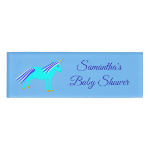 Cute Blue Baby Boy Unicorn Custom Baby Shower Name Tag