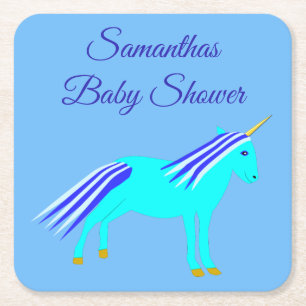Cute Blue Baby Boy Unicorn Custom Baby Shower Squa Square Paper Coaster