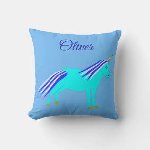 Cute Blue Baby Boy Unicorn Custom Name Throw Pillow