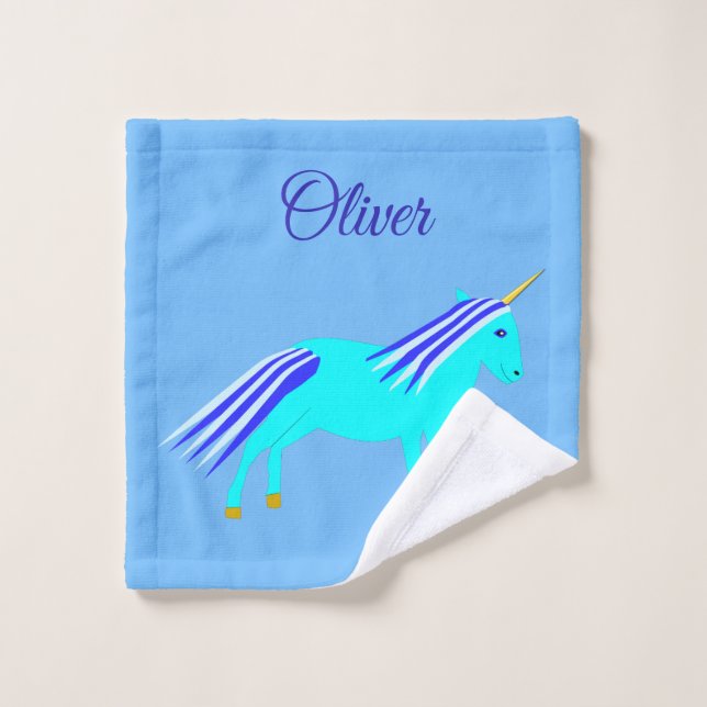 Cute Blue Baby Boy Unicorn Personnalisé Nom Laver  (Gant de toilette)