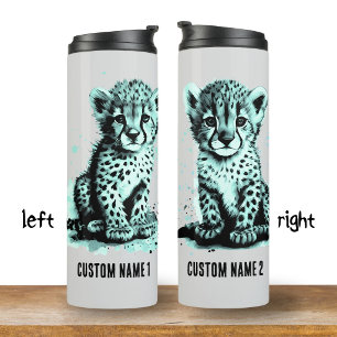 Cute Blue Baby Cheetah Kid's Name Back to School Thermal Tumbler