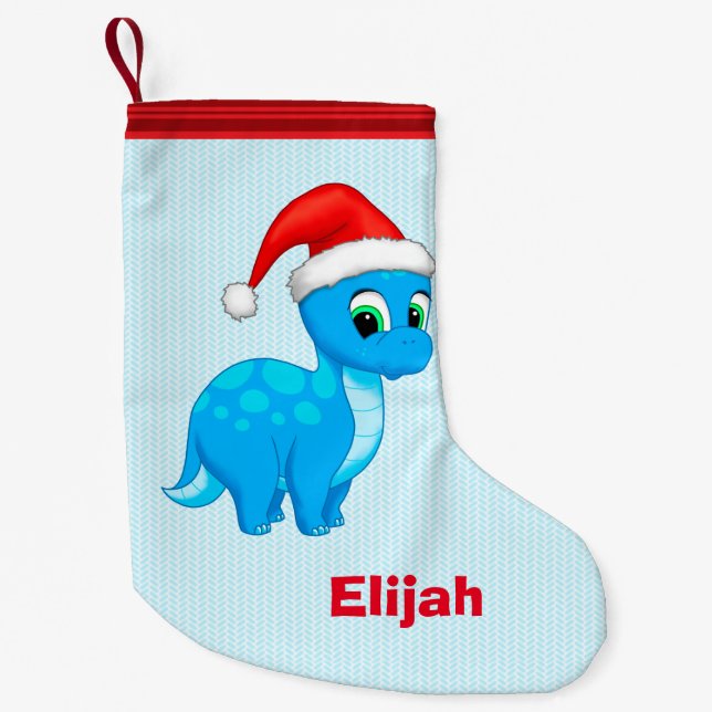 Cute Blue Baby Dinosaur with Santa Hat Small Christmas Stocking (Front)