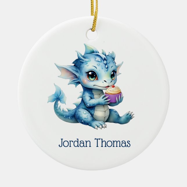 Cute Blue Baby Dragon Eating a Cupcake Ceramic Ornament (Front)