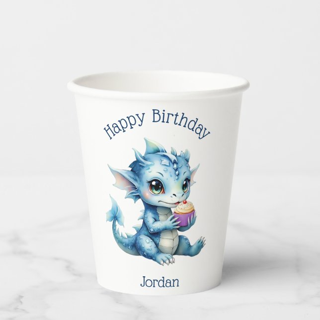 Cute Blue Baby Dragon Eating a Cupcake Paper Cups (Front)