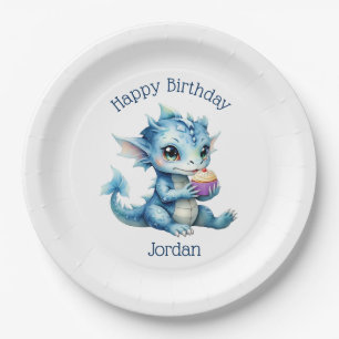 Cute Blue Baby Dragon Eating a Cupcake Paper Plate