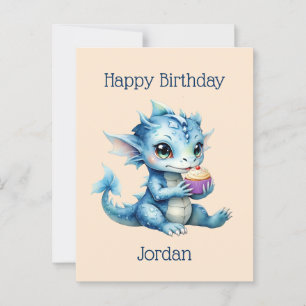 Cute Blue Baby Dragon Eating a Cupcake Postcard