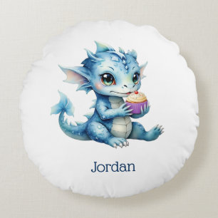Cute Blue Baby Dragon Eating a Cupcake Round Pillow