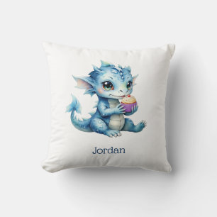 Cute Blue Baby Dragon Eating a Cupcake Throw Pillow