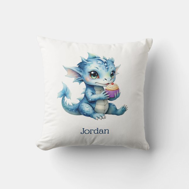 Cute Blue Baby Dragon Eating a Cupcake Throw Pillow (Front)