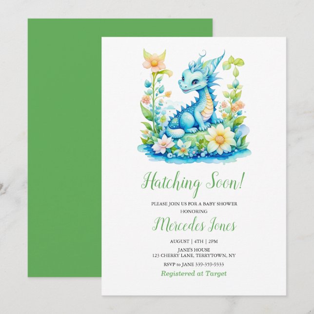 Cute Blue Baby Dragon “Hatching Soon” Baby Shower  Invitation (Front/Back)