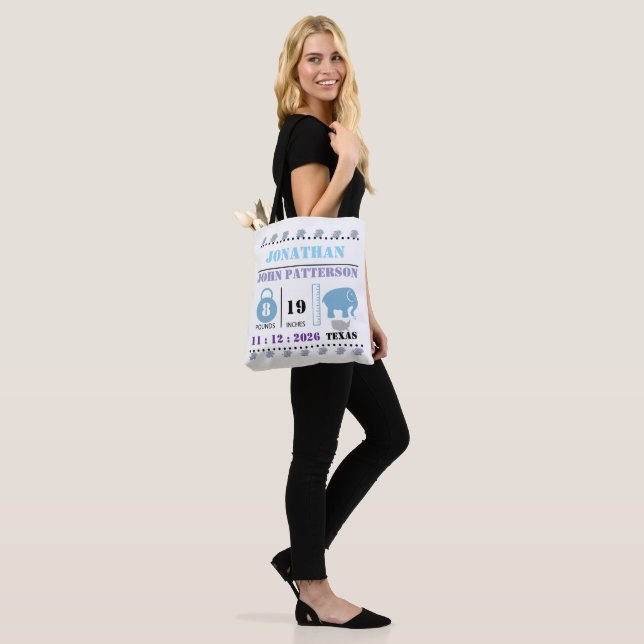 Cute Blue Baby Elephant Birth Announcement Tote Bag (On Model)