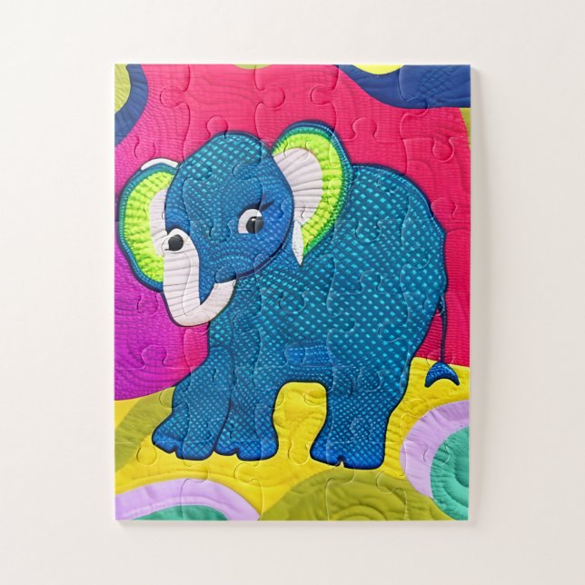 Cute Blue Baby Elephant - Quilt Like Design Jigsaw Puzzle (Vertical)