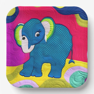 Cute Blue Baby Elephant - Quilt Like Design Paper Plate
