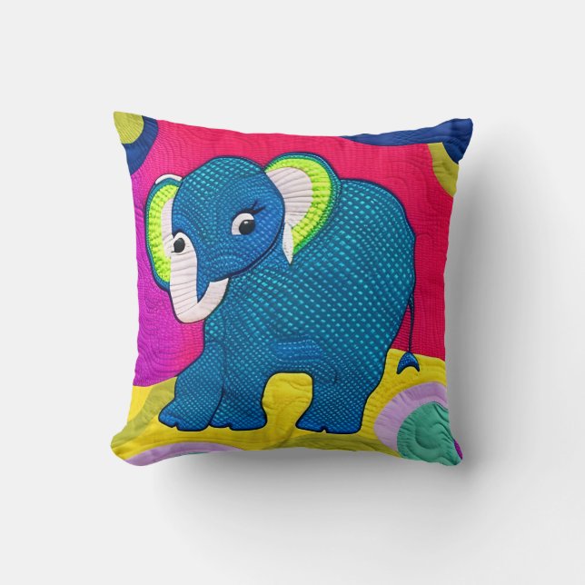 Cute Blue Baby Elephant - Quilt Like Design Throw Pillow (Front)
