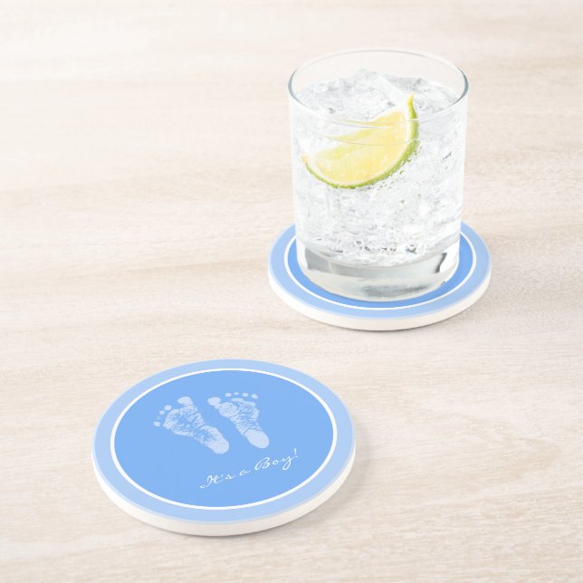 Cute Blue Baby Footprints Its a Boy Baby Shower Coaster (Side)