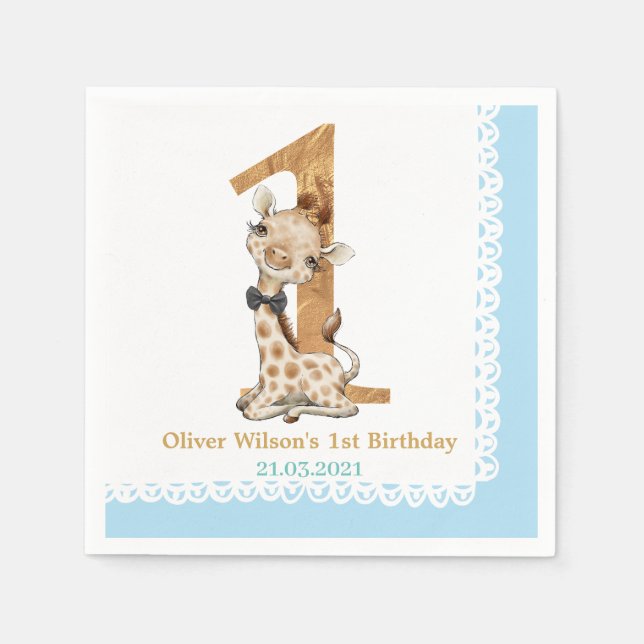 Cute Blue Baby Giraffe 1st Birthday Napkin (Front)