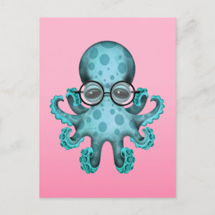 Cute Blue Baby Octopus Wearing Glasses on Pink Postcard