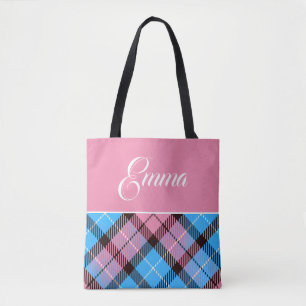 Cute Blue Baby Pink Plaid Tartan Personalized Name Tote Bag