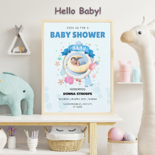 Cute Blue Baby Shower Invitation with Baby Moon