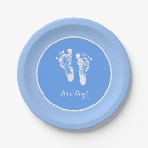 Cute Blue Baby Shower Its a Boy Newborn Footprints Paper Plate